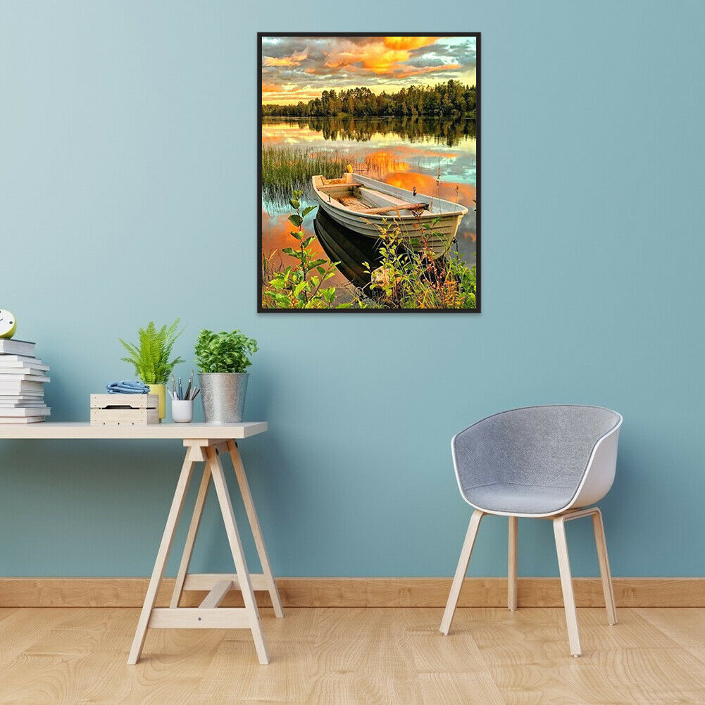Lake Boat 5D DIY Full Square Drill Diamond Painting Rhinestone Decor Crafts @