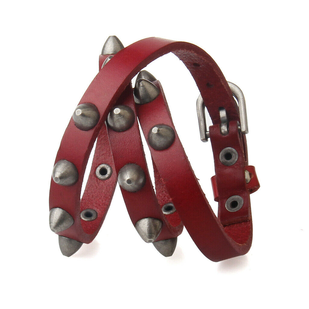 Multi-layer Bucket Nail PU Leather Bracelet River Belt Strap Bangle Red