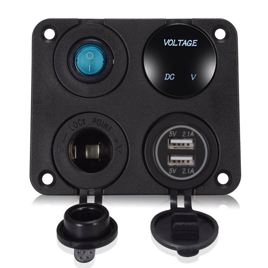 Dual USB Charger+LED Voltmeter+12V Power Socket+Switch Kit 4Hole Panel Car Truck