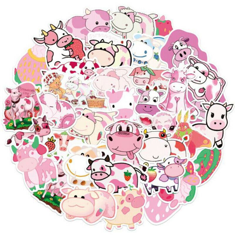 50Pcs Cartoon Pink Strawberry Cow Stickers Laptop Skateboard Luggage StickerBU