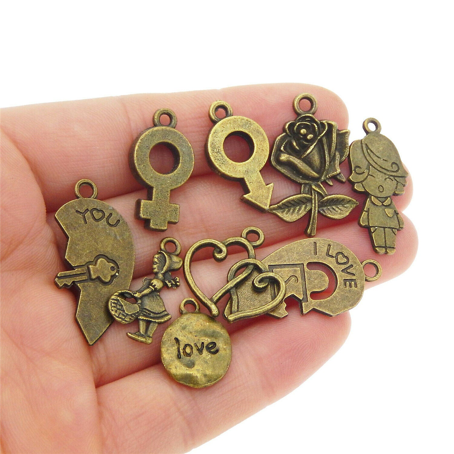 27 Mix Antiqued Bronze Love Symbol Pendant Charm Valentine's Day Jewelry Crafts