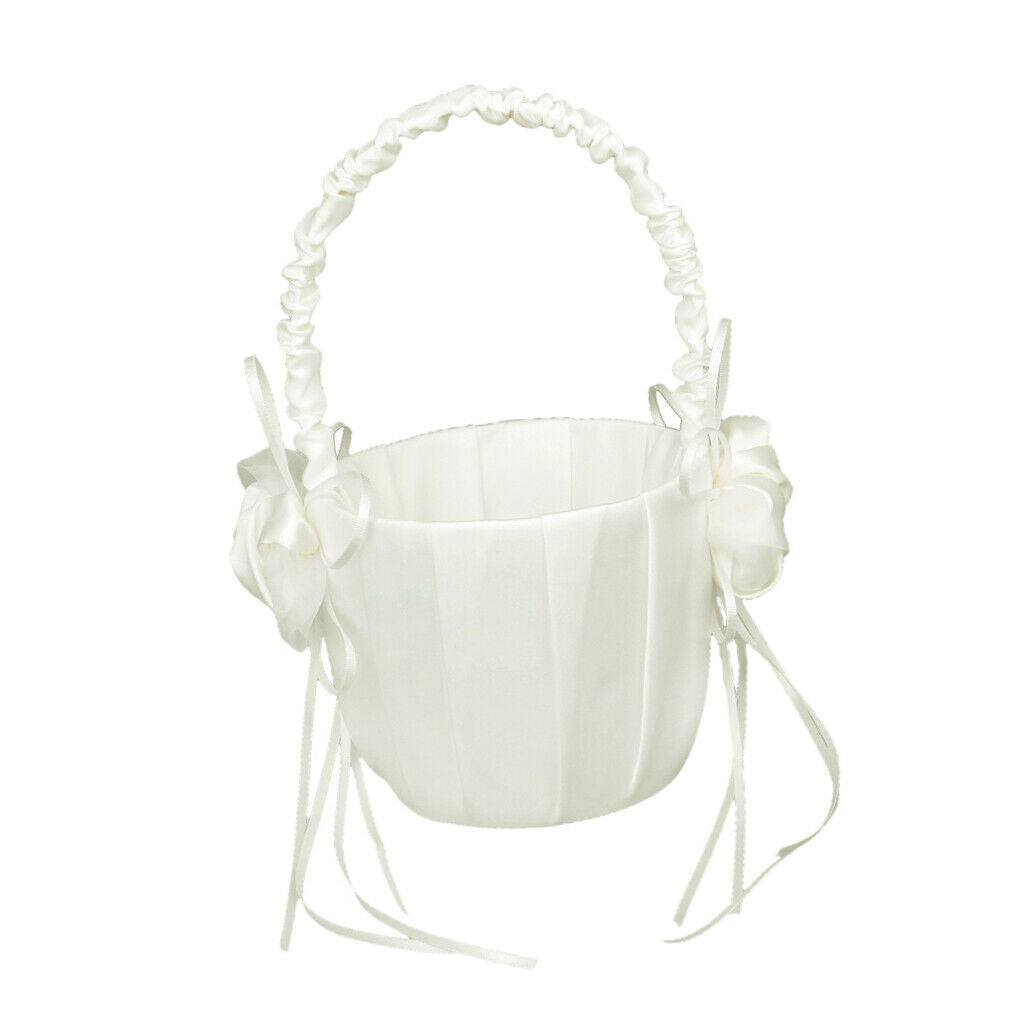 Ivory Bud Wedding Flower Girl Basket Satin Decor Romantic Ceremony Supply