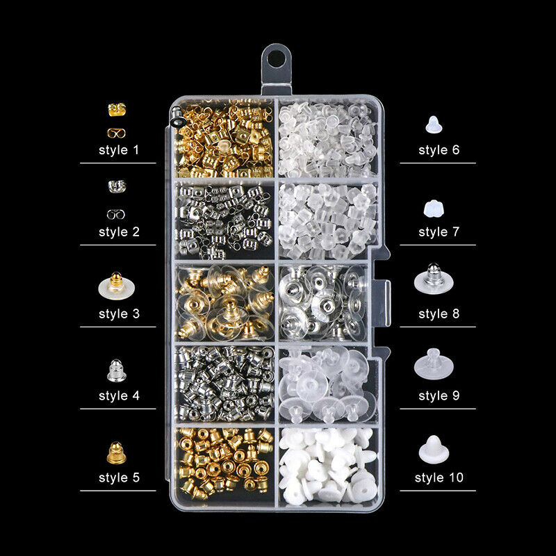 450Pcs Plastic Box Earring Back Stoppers Stud Plugs Ear Post Nuts Set 10 Styles