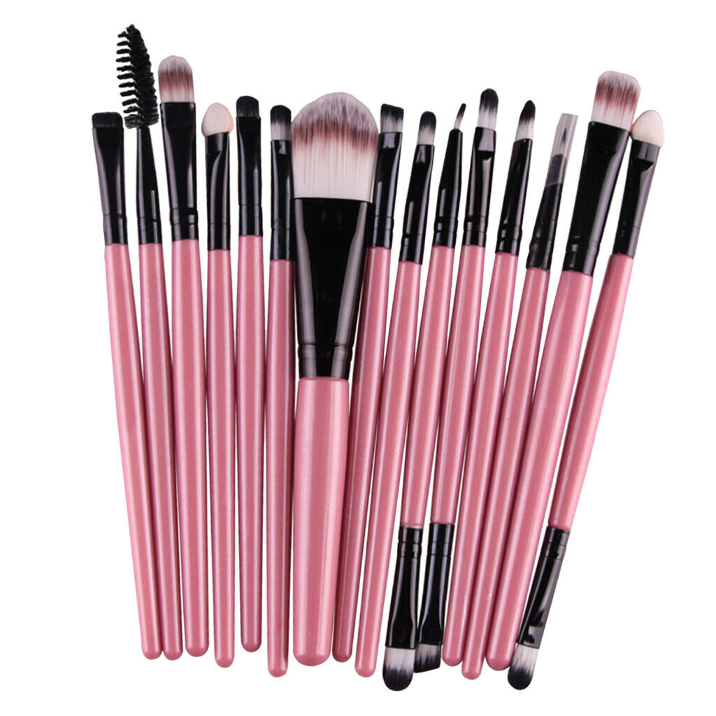 15 Pieces Cosmetic Eyeshadow Eyeliner Eyebrow Makeup Brush Pink Black