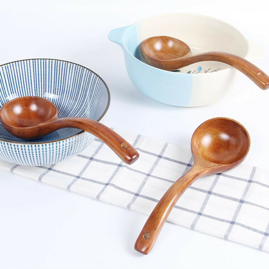 Wooden Long Handle Spoon Ladle Dinner Rice Tableware Flatware with Hook Wood
