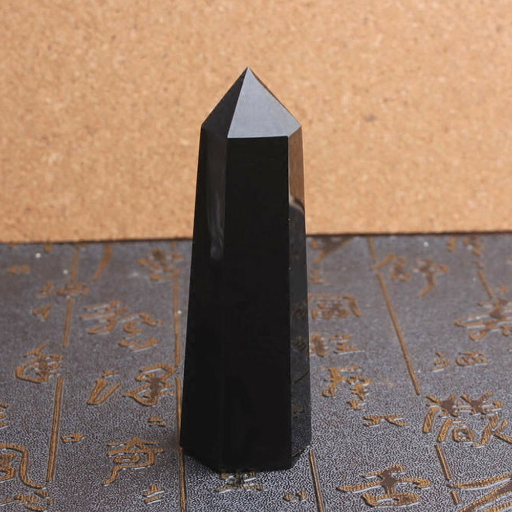 Charm Natural Obsidian Black Quartz Crystal Stone Point Healing Hexagonal Wand