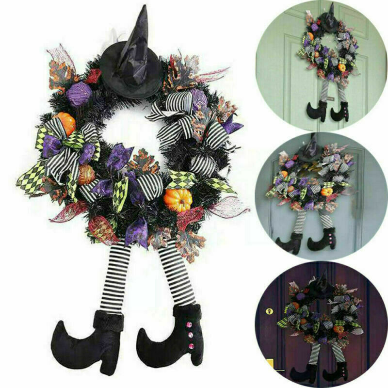 Halloween Wreath With Hat Legs Front Door Hanging Pumpkin Wreath For Home Decor