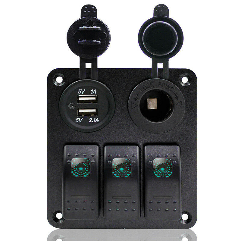 Universal 3 Gang Rocker Switch Panel Green LED Double USB for RV Car Marine Boat