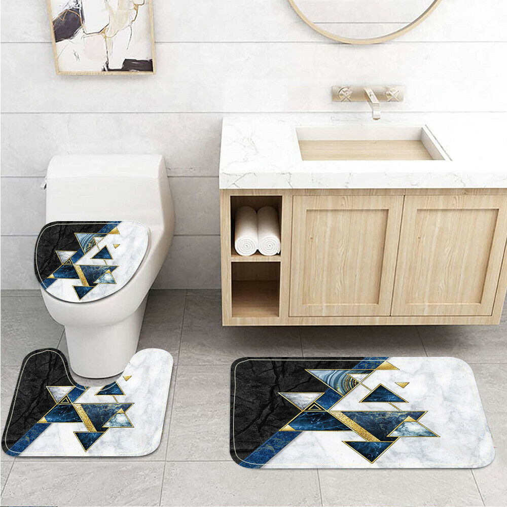 Black and White Marble and Triangles Toilet Cover Rug Mat Contour Rug Set 3pcs