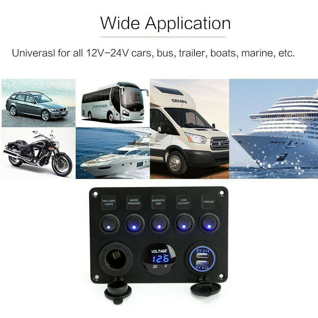 Toggle Rocker Switch Panel 2 USB 4.2A 5 Gang Toggle Switch Panel for RV Boat