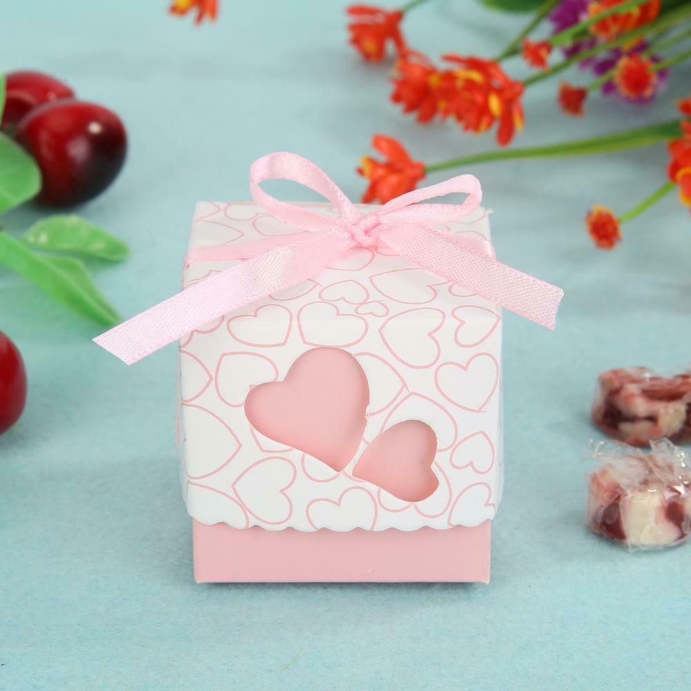10pcs Double Heart Cut Hollow Candy Boxes Wedding Valentine Gift (Pink) @