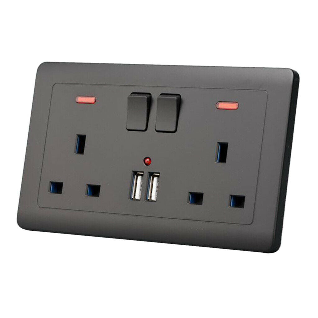 2 Gang 13A British Wall Switch Double Sockets with 2 Ultra USB Outlet Black