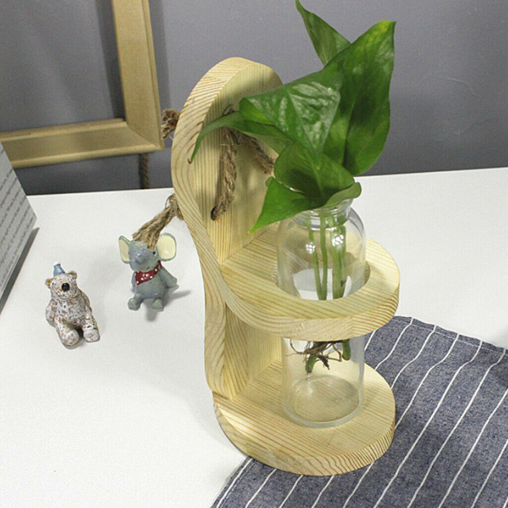 Hydroponic Plants Glass Flower Vase Hanging Planter w/ Wooden Container Home