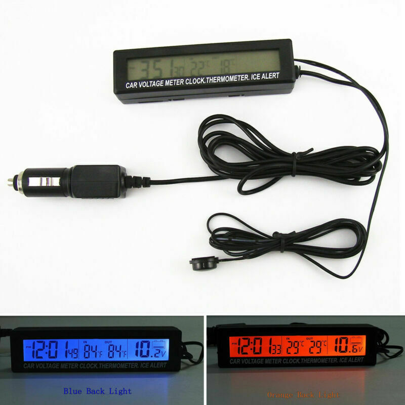 1x Car Digital Voltmeter Thermometer Clock Ice Alert Gauge Orange&Bule Backlight