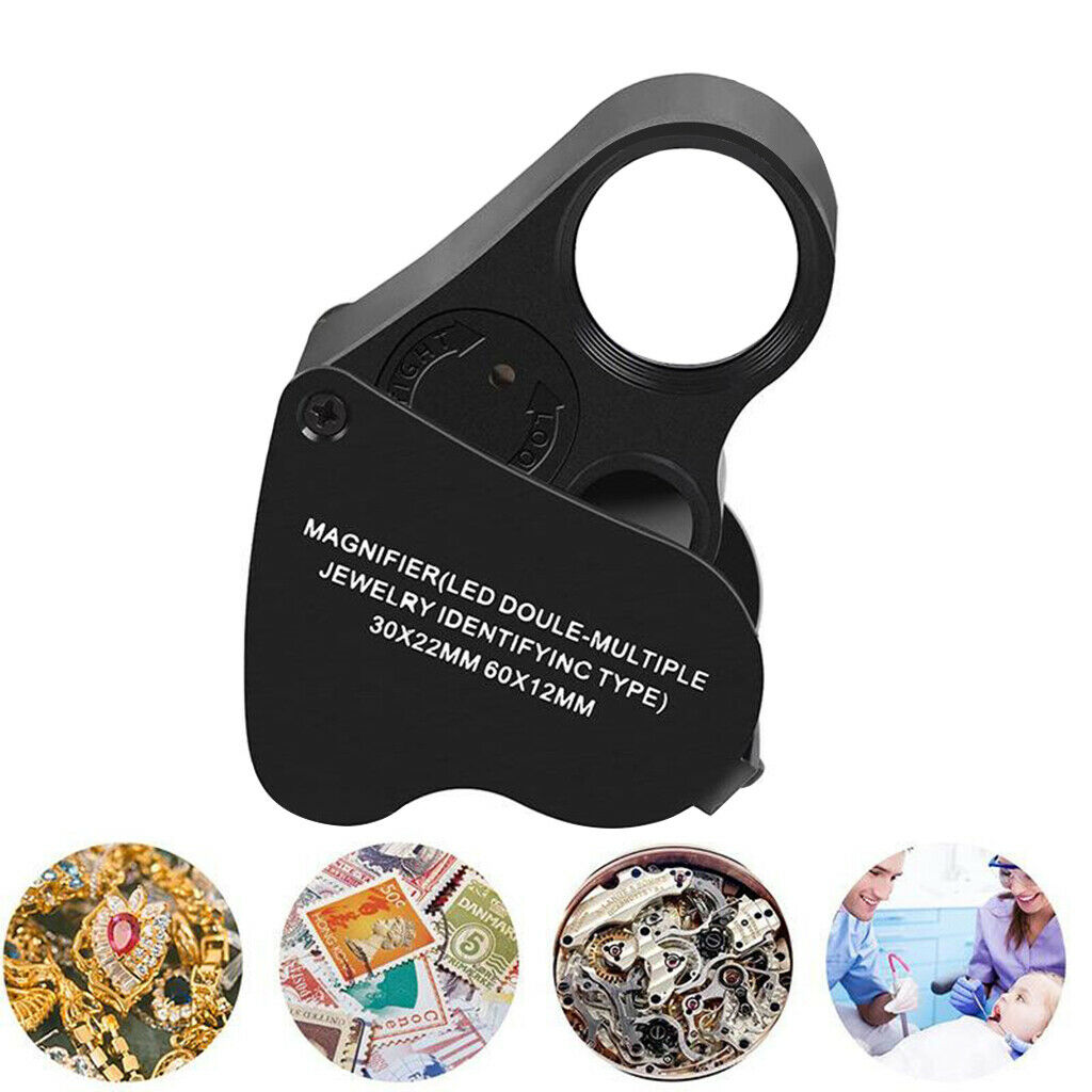 30X 60X Handheld Pocket Jewelers Loop Eye Glass Magnifier Loupe 2 LED Light