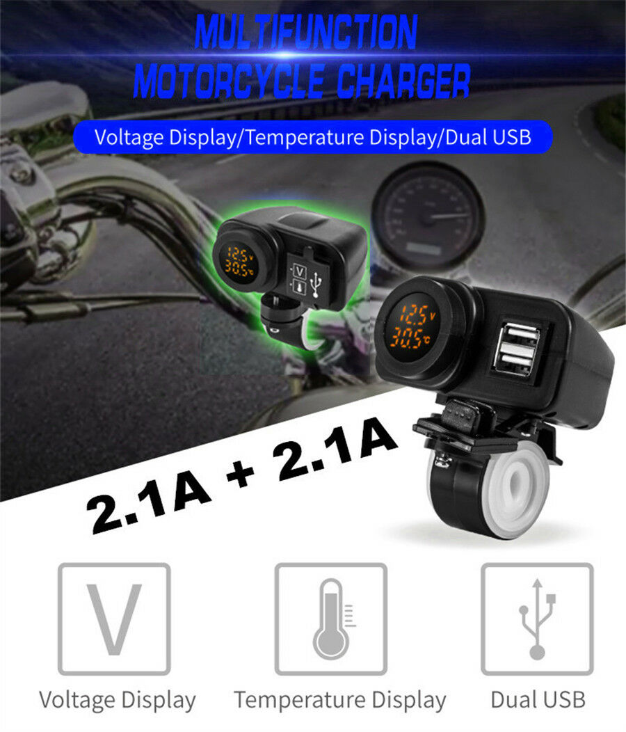 3in1 Universal Motorcycle Dual USB Charger w/ LED Digital Voltmeter +Thermometer