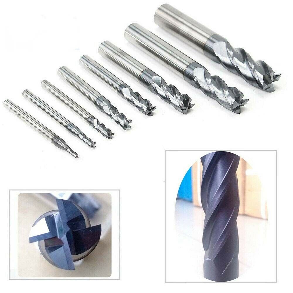8pcs 4Flutes 2mm-12mm HRC45 Tungsten Carbide End Mill Set Milling Cutter Tool