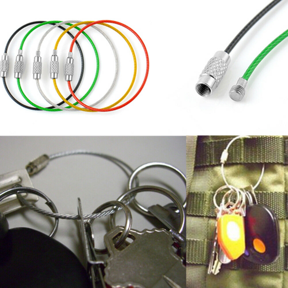 Outdoor Sports Carabiner Wire KEY CHAIN Cable Stainless Steel RING Screw Locking