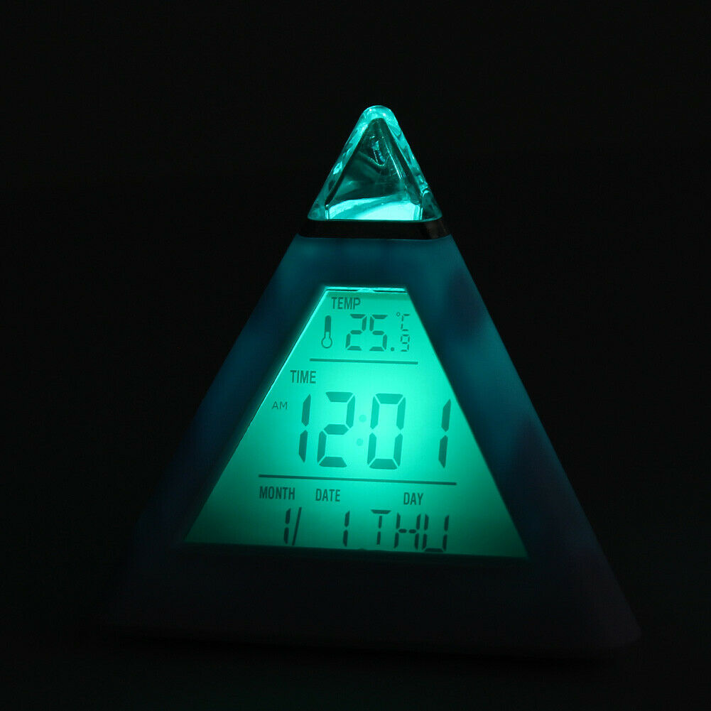 New 7 LED Color Pyramid Digital LCD Alarm Clock Thermometer @