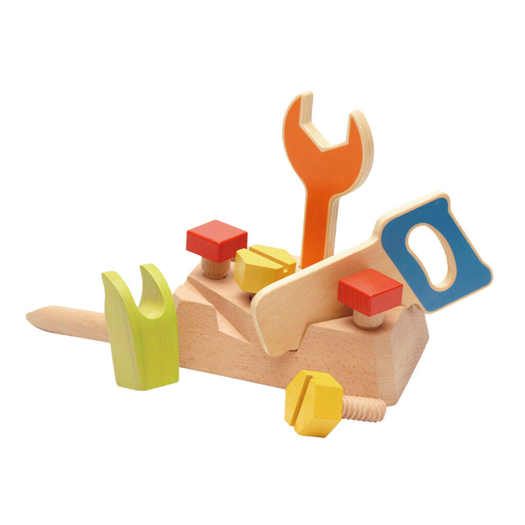 Wooden Construction Working Tools Play Set with a Wooden Base, Preschool Toys