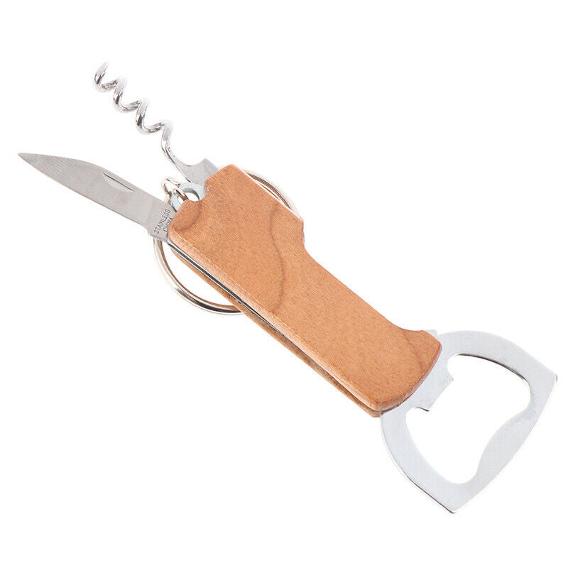 Multifunctional Beer Opener Keychain Stainless Steel Wooden Handle Wine O.l8