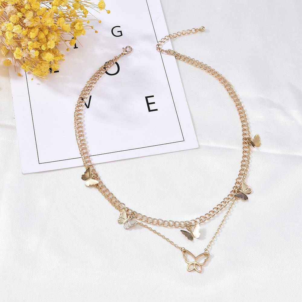 Double Layer Butterfly Pendant Necklace Clavicle Chain Choker Women Jewelry Gift