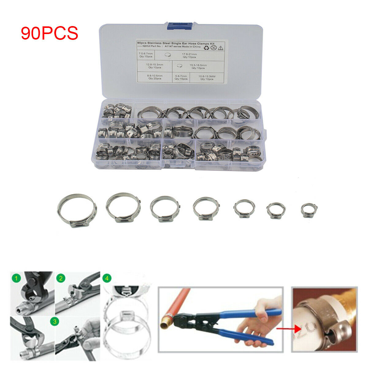 90PCS Stainless Steel Car Single Ear Hydraulic Hose O-clamp Fuel Air Pipe Clamp