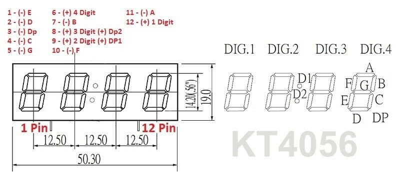 [10pcs] KT4056SGI LED 4X7 Charact Yellow 7-SEGMENT SIL12