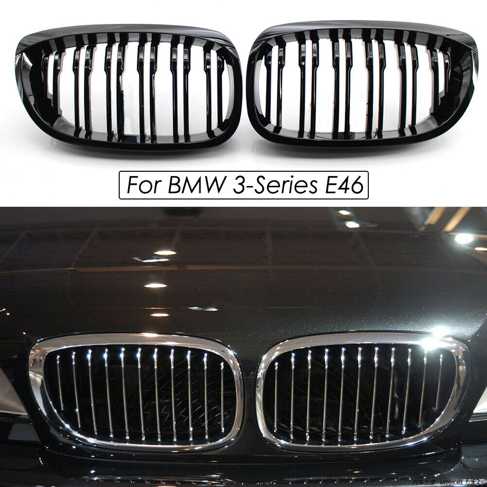 1 Pair Gloss Black Double Slat Kidney Grille Grill for BMW 3-Series E46 @