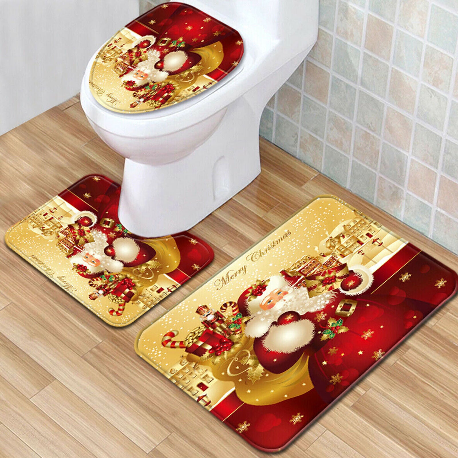 4Pcs Christmas shower Curtain Bathroom Anti-slip Carpet Rug Toilet Cover Mat Set