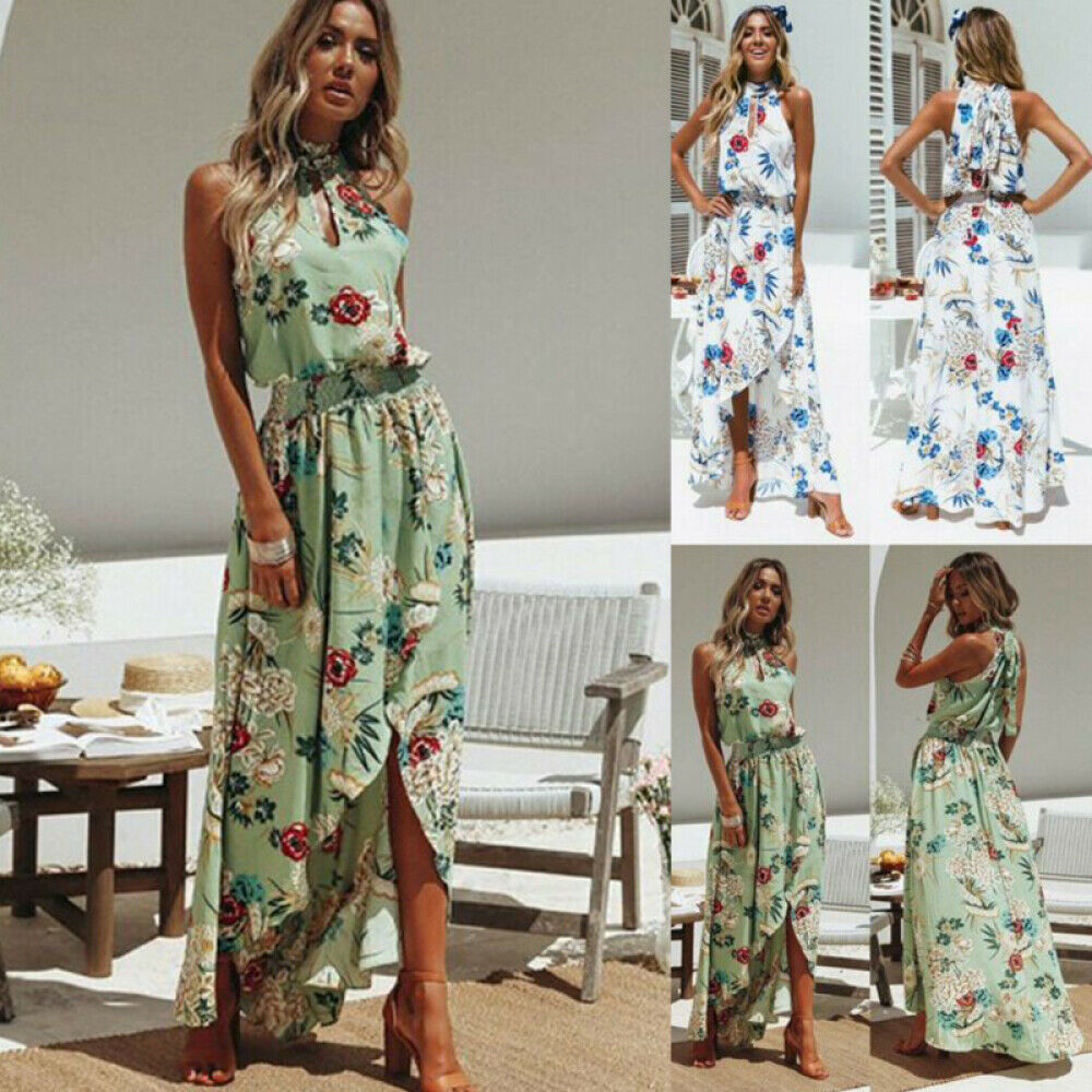 Women's Boho Floral Long Maxi Dress Evening Party Beach V Dress Summer Sundress