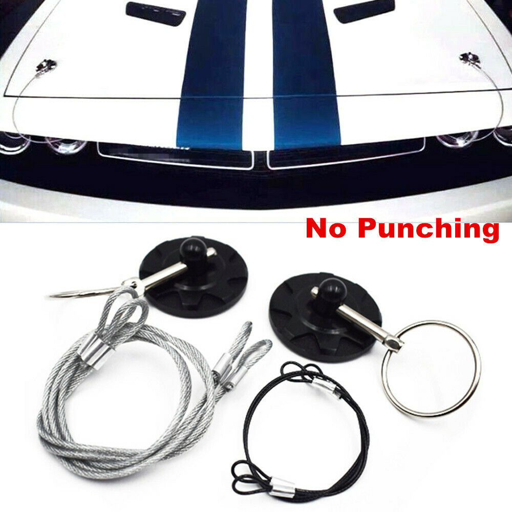 Racing Car SUV Vehicle Round Bonnet Aluminum Alloy Cable Hood Pin Lock Kit Black