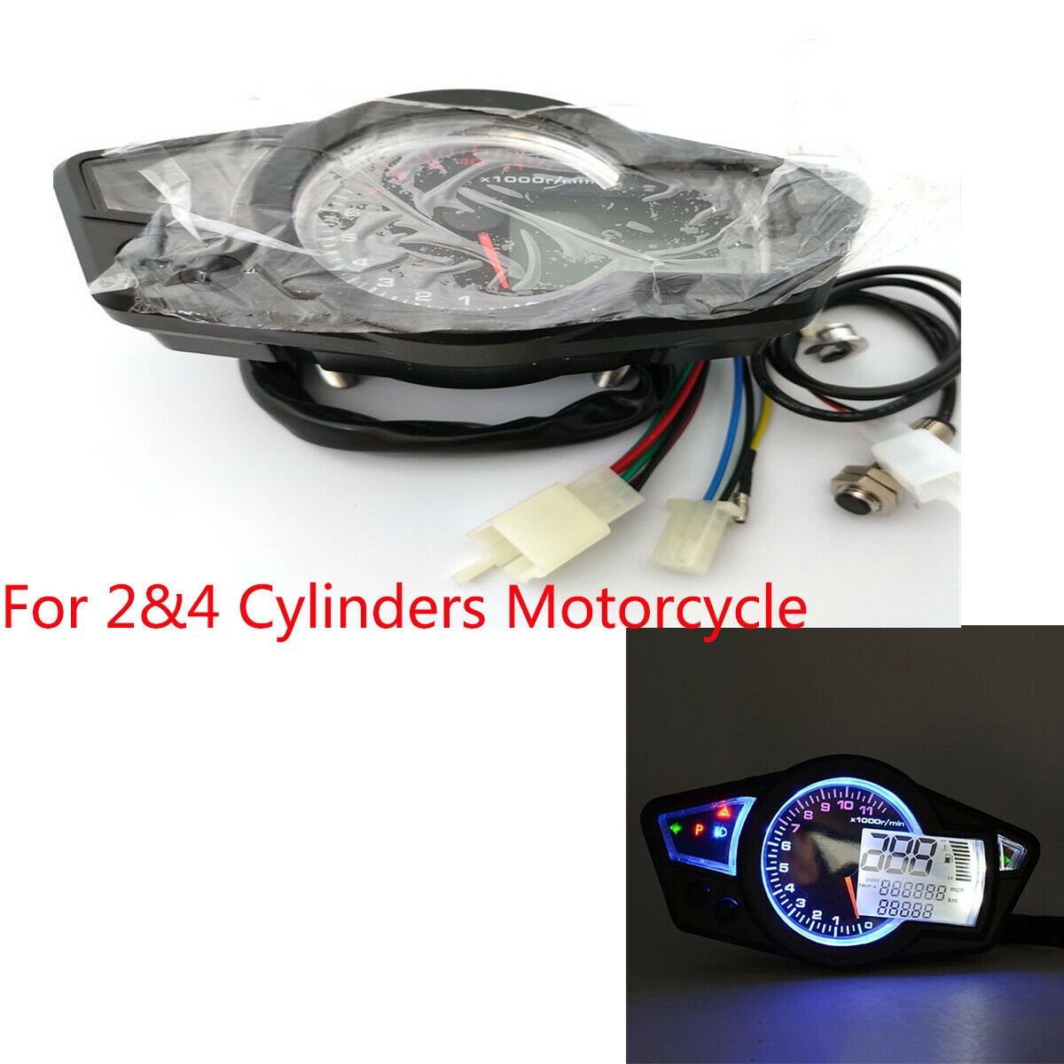 DC 12V LCD LCD Digital Odometer Tachometer For 2 and 4 Cylinder Motorcycles