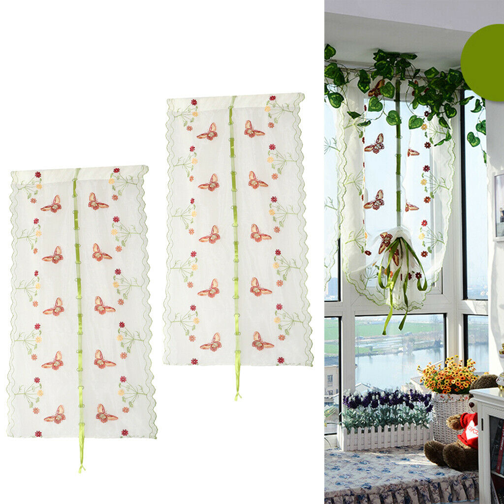 Set of 2 Butterfly Embroidered Roman Curtain Balloon Curtains Sheer Window