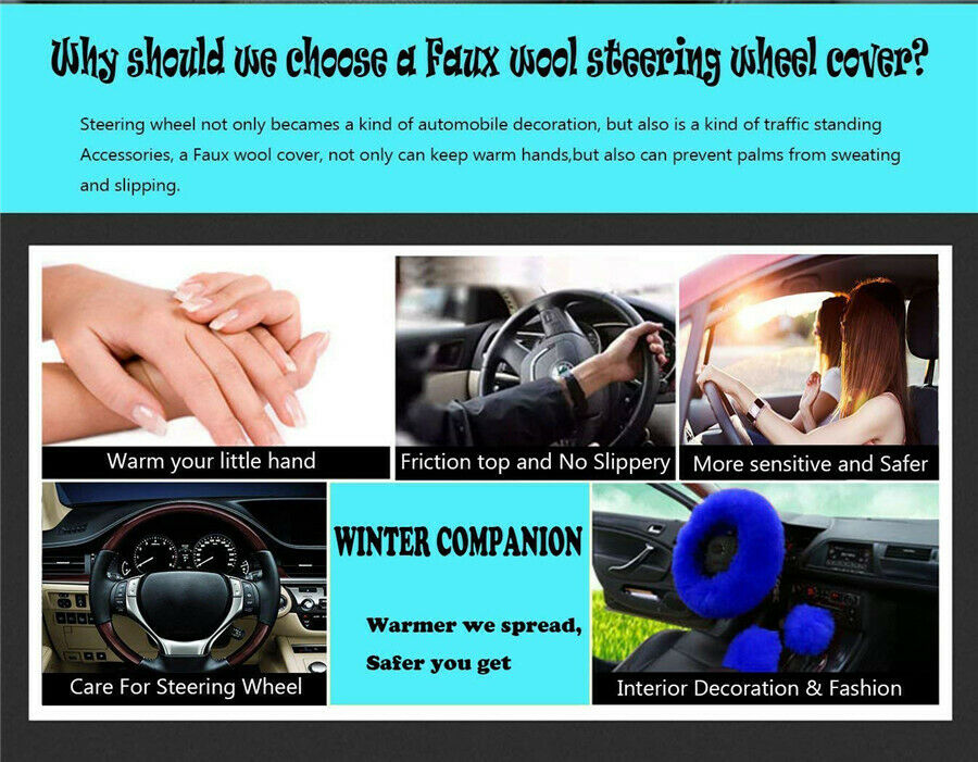 3 Pcs Blue Wool Fur Car Steering Wheel Cover Furry Fluffy Thick Sweat Absorption
