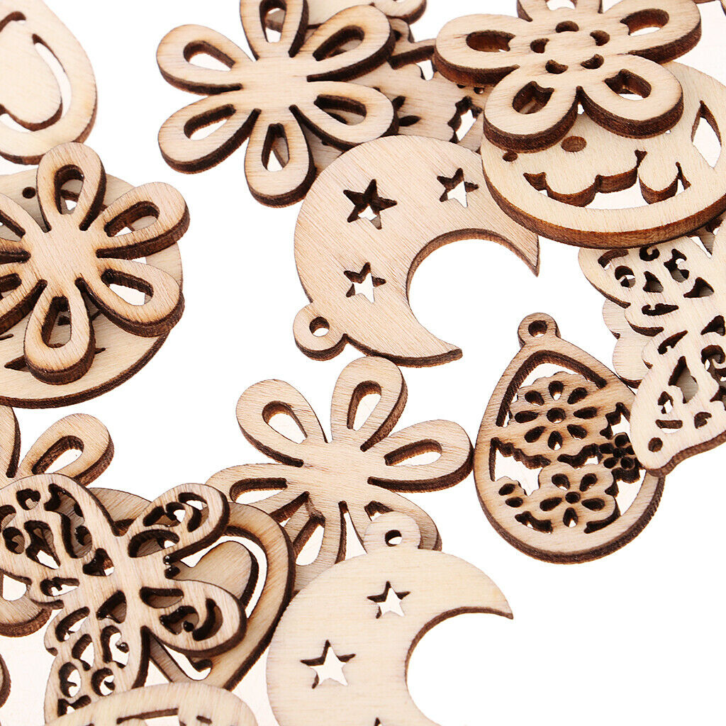 50 Pieces Mixed Wooden Cutout Butterfly Flowers Heart Moon Shapes Embellishments