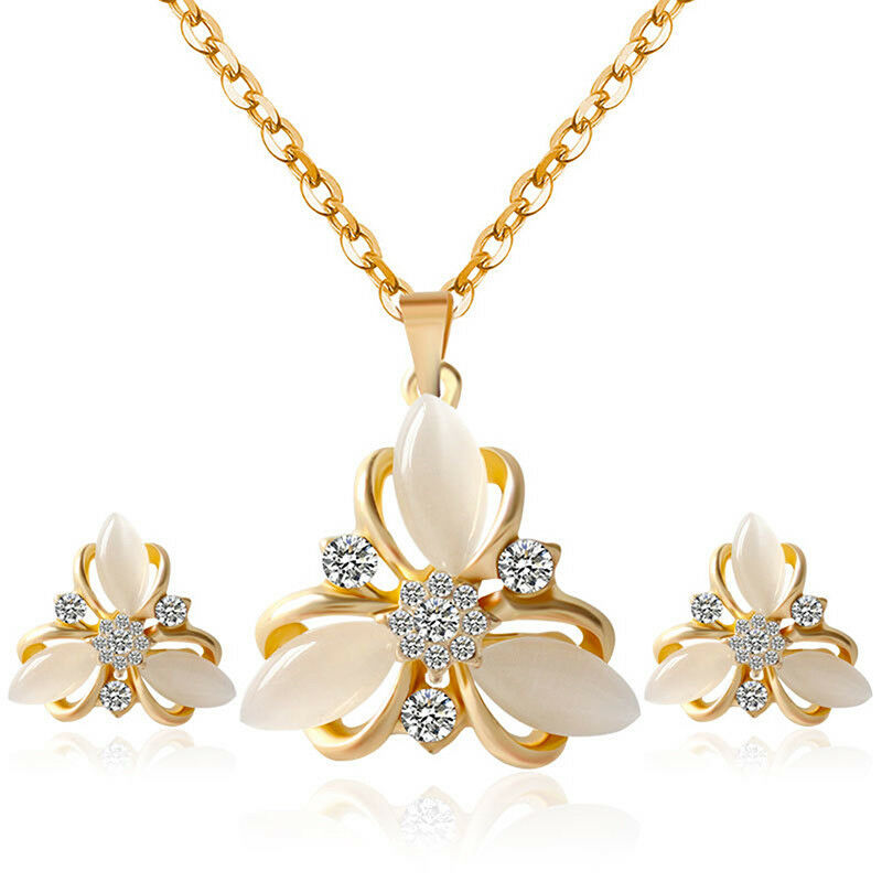 Opal Flower Hollow Out Necklace Earrings Jewelry Sets For Wedding ParDEAU