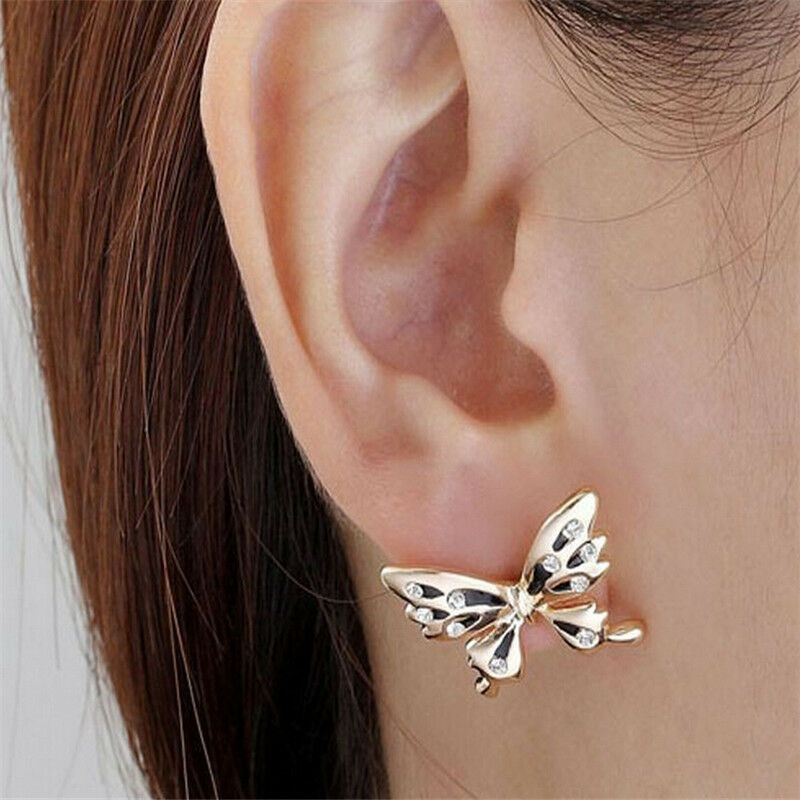 1Pair Lady Butterfly Ear Cuff Punk Clip Crystal Rhinestone Earring Partyd.l8