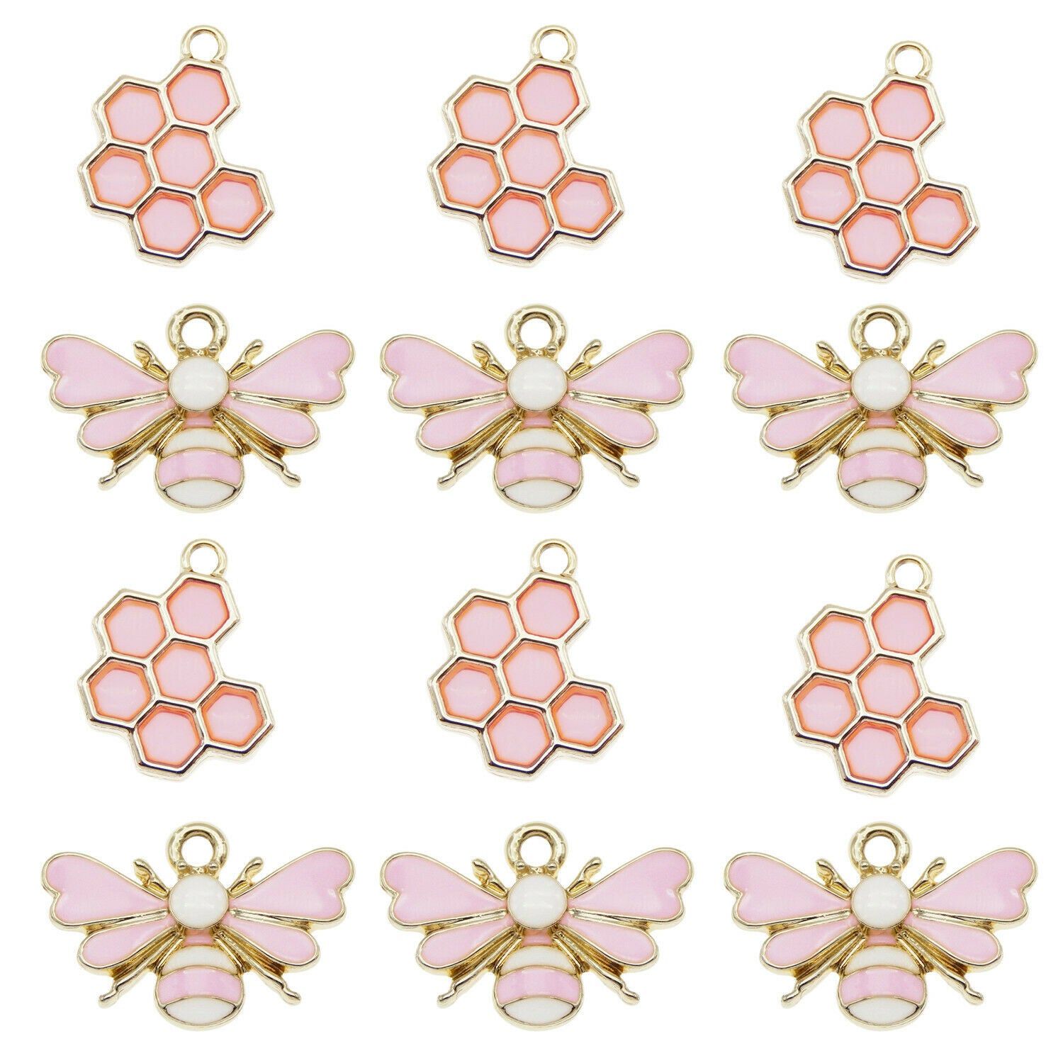 12 pcs Mixed Pink Honeycomb Bracelet Charm Bee Enamel Pendant Jewelry Crafting