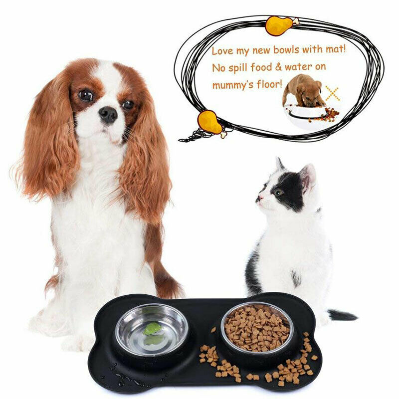 Pet Dog Double Feeder Bowl Stainless Steel Silicone Mat Food Water Bowl Set^DD