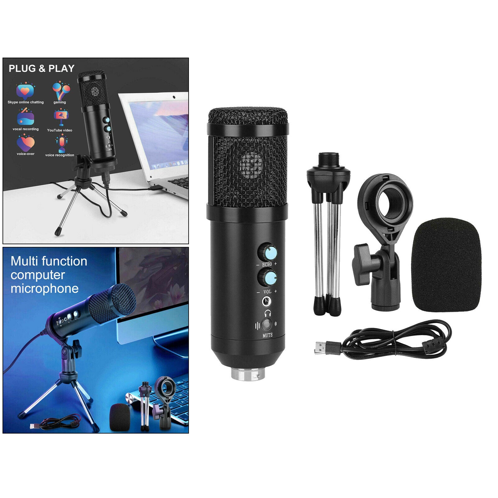 Computer Condenser Microphone Streaming Podcast Tripod Stand Cardioid Mic