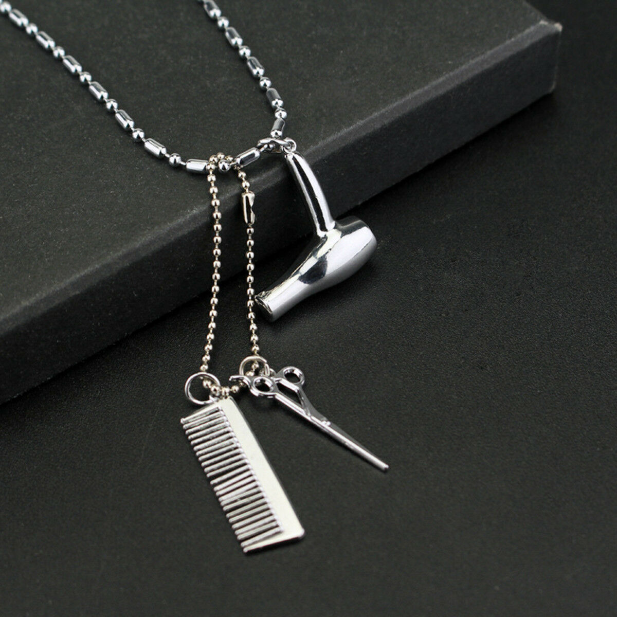 Unisex Hair Dryer Scissors Comb Pendant Chain Necklace Barber Kit Gift Charm