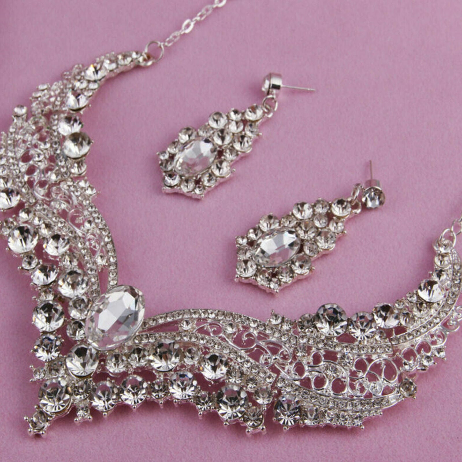 Women Bridal Wedding Cut Crystal Cubic Necklace Earrings Jewelry Set Prom Party