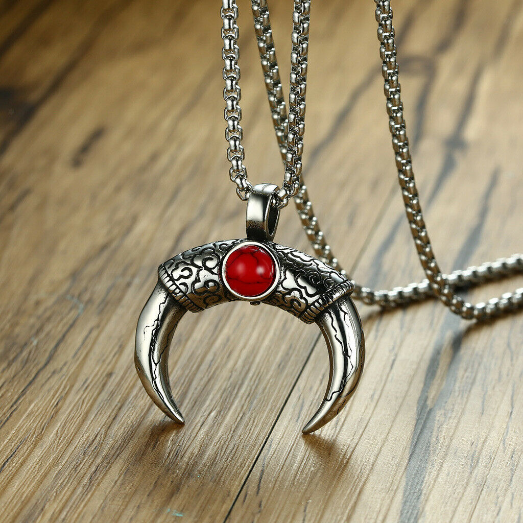 Punk Men's Costume Jewelry Set of Necklace And Long Horn Pendant