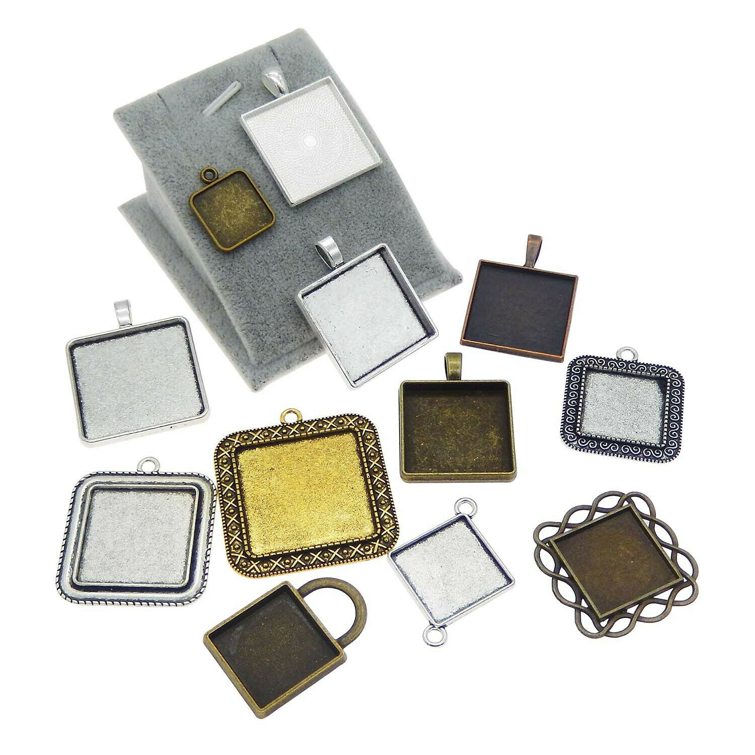10-pack Assorted Blank Bezel Frames Square Pendant Jewelry Making Findings Alloy
