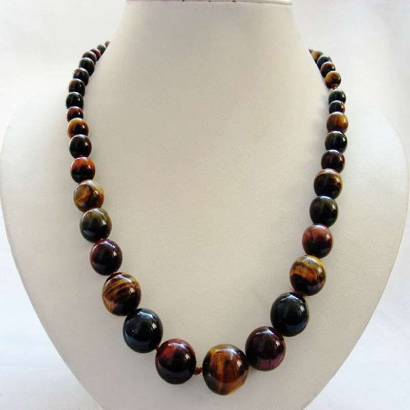 New 6-16mm red yellow blue mixed tiger's eye necklace round Graduated smooth