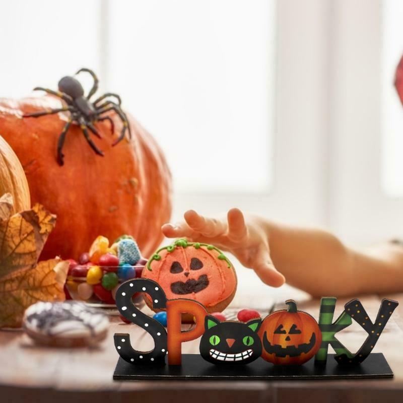 Spooky Letters Wooden Sign Halloween Table Decor Pumpkin Cat Desktop Ornament