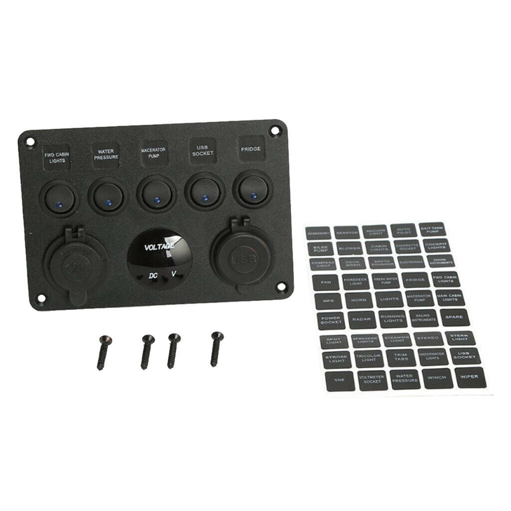 5 Gang LED Rocker Control Panel Switch Circuit Charger 12/24V-Yacht RV Car