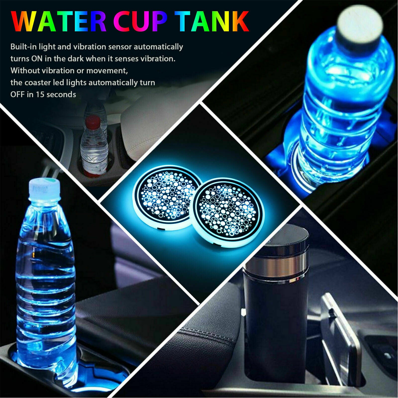 2Pcs Colorful Auto Car LED Cup Coaster Pad Holder Atmosphere Light Lamps Bottom