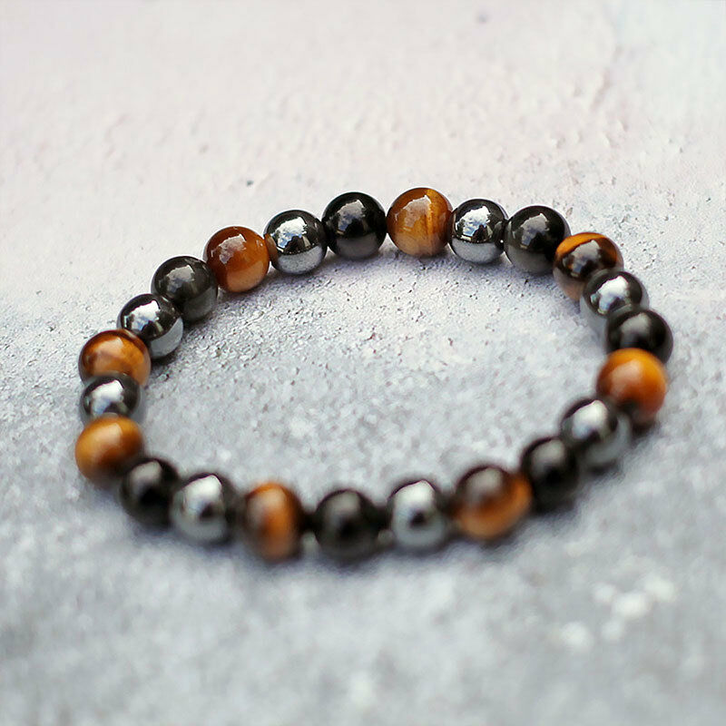 Bracelet " Triple Protection " IN Eye Of Tiger, Hematite And Obsidian Black New